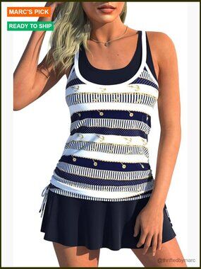 Double Layer Tankini Two Piece Swimsuit Tank Top with Skirt Moderate Coverage